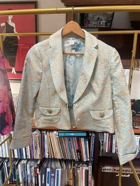 Ice Gold and Light Blue Brocade Cropped Blazer